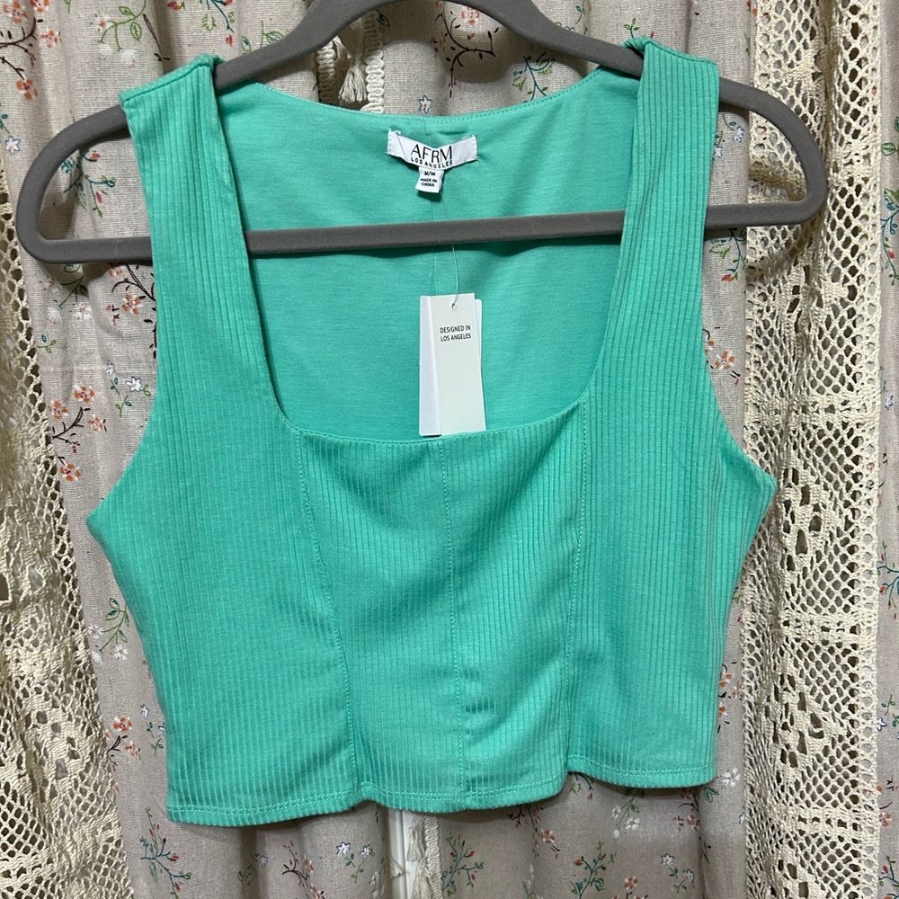 3/$30 Revolve Afrm Lea Ribbed Square Neck Crop Top In Spearmint Size Medium Nwt